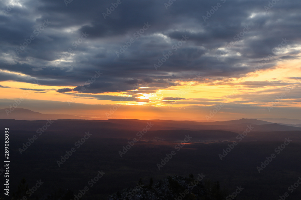 Sunset in the mountains. South Ural. Russia