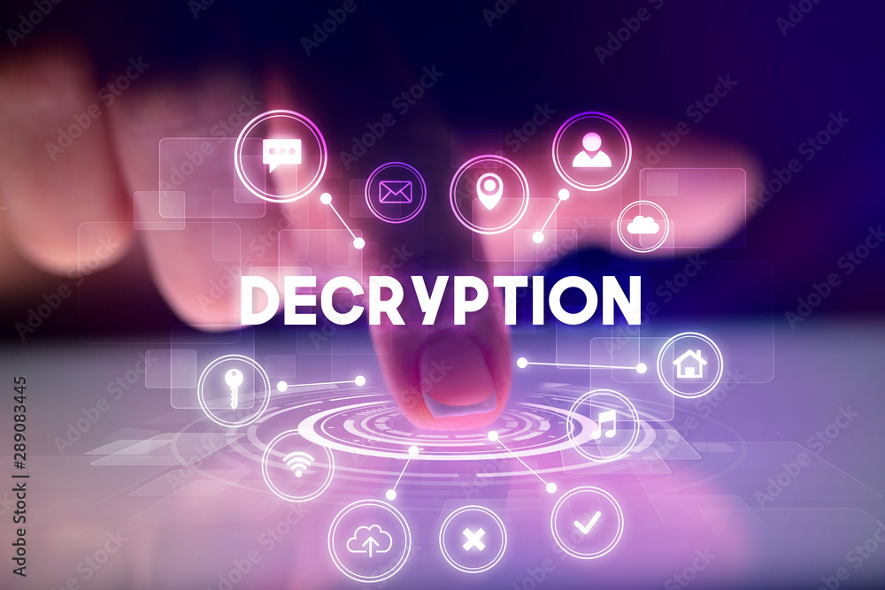 Finger touching tablet with web technology icons and DECRYPTION inscription, web technology concept Finger touching tablet with web technology icons and DECRYPTION inscription, web technology concept