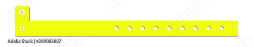 Vector cheap plastic luminous neon yellow empty bracelet or wristband. L shape pvc vinyl material with safety lock. Hand entrance festival or bracelet isolated on white. Template for identification.