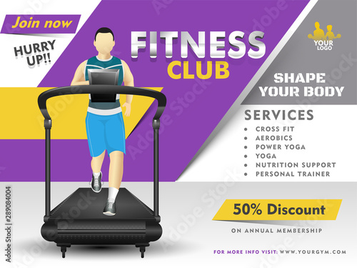 Vector illustration of man walking on treadmill machine for Fitness Club banner or poster design with 50% discount offer on abstract background and and exercise time, other detail.
