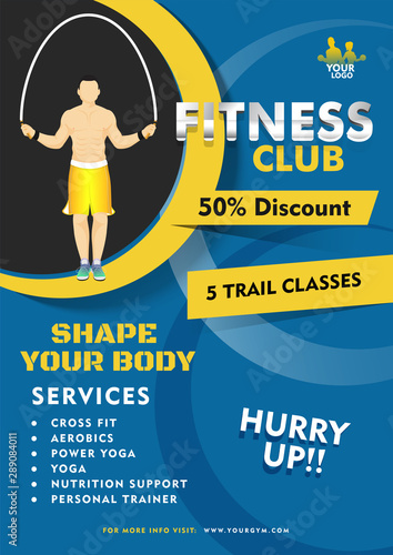 Fitness Club template design with 50% discount offer and 5 Days trial classes on abstract background.