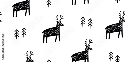 Childish seamless pattern with deers and pines