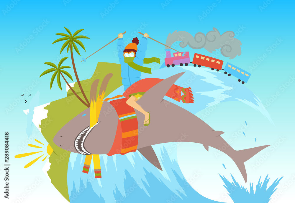 Vector illustration concept of summer vacation, traveling, tourism, journey, recreation, rest, surfing, ski. Summer and winter holiday concept isolated.