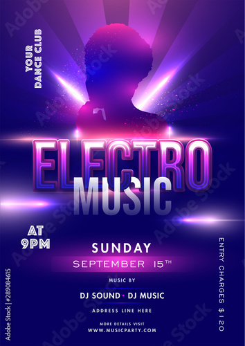 Electro Music party template or flyer design with silhouette human and event details on rays  lighting effect background.