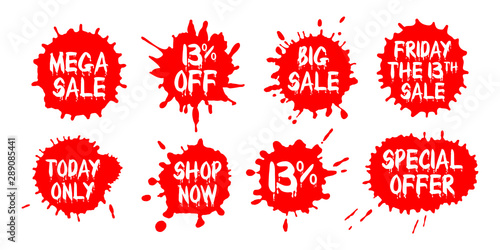 Friday the 13th or Halloween sale badges set. Eight bloody splatters with text. Good for web and social media banners, tags, wobblers, posters, flyers, discount stickers and more. photo