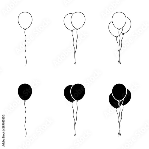 Black and white balloon icon sign symbol outline vector pictogram. Birthday party graphic design elements flat simple style illustration