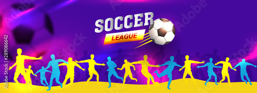 Website header or banner design with realistic shiny football and shielloute of players on abstract background for Soccer League game concept.