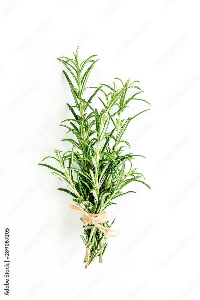Green bundle of rosemary isolated on a white background. Мedicinal herbs. Flat lay. Top view Green bundle of rosemary isolated on a white background. Мedicinal herbs. Flat lay. Top view