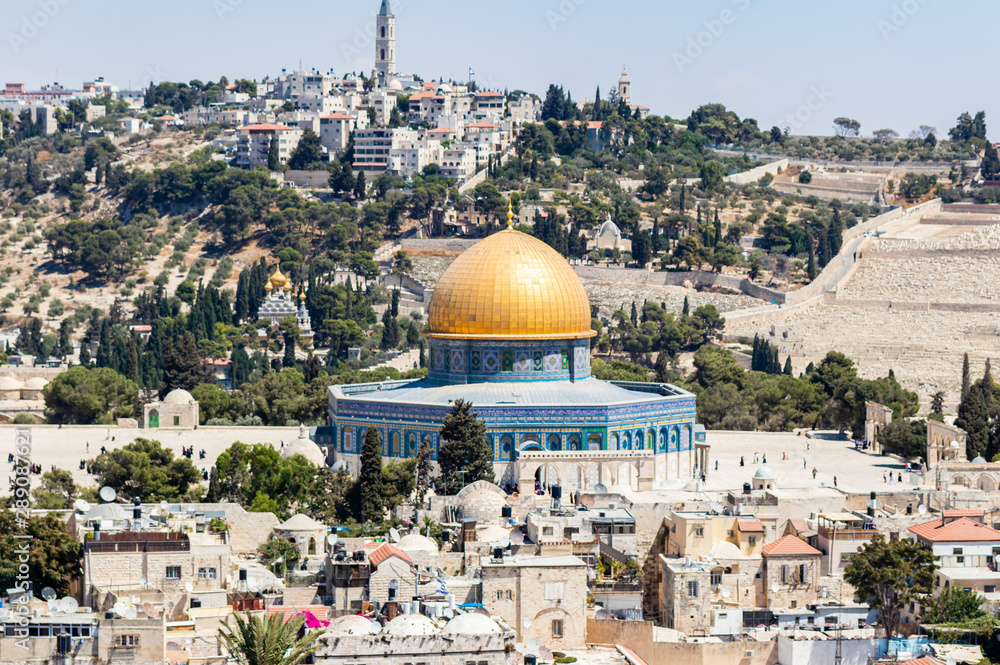 View of the Dome of the Rock from the bell tower of the Lutheran Church of the Redeemer on Muristan street in the Old City in Jerusalem, Israel