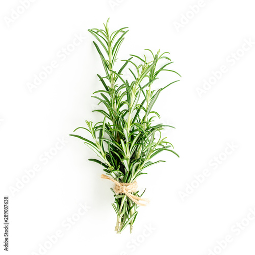Green bundle of rosemary isolated on a white background.   edicinal herbs. Flat lay. Top view