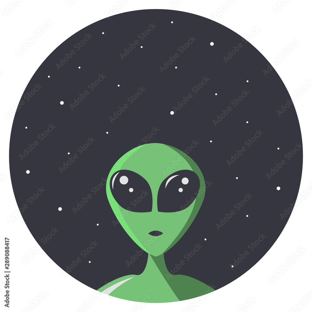 Green alien with big eyes looks at us through the round hole of space with  stars. Extraterrestrial in flat cartoon style for t-shirt, print or  textile. Vector illustration with copy space Stock