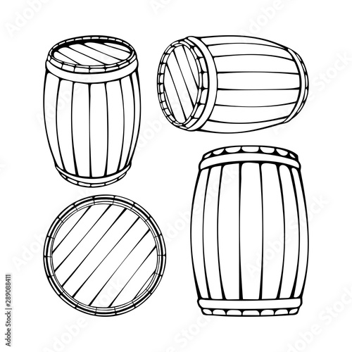 Barrel. Oak barrel hand drawn vector illustrations set. Wooden keg sketch drawing. Part of set. 