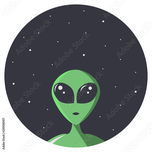 Green alien with big eyes looks at us through the round hole of space with stars. Extraterrestrial in flat cartoon style for t-shirt, print or textile. Vector illustration with copy space