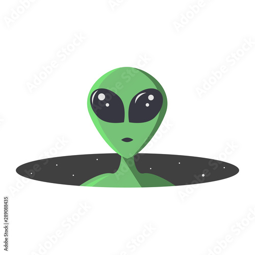 Green extraterrestrial looks out of a black space hole with a star. The alien's large eyes are sparkling and friendly. Monster in flat cartoon style for t-shirt, print or textile.Vector illustration