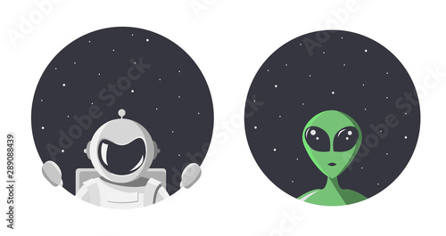 Alien and cosmonaut looks at us through the round hole of space with stars. Extraterrestrial and astronaut in flat cartoon style for t-shirt, print or textile. Vector illustration with copy space