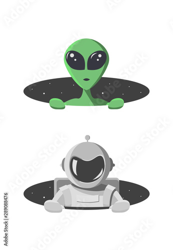 Alien and cosmonaut climbs out from the hole of space with stars. Extraterrestrial and astronaut looks out of a black round hole.  Monster and human in flat cartoon style  Vector illustration