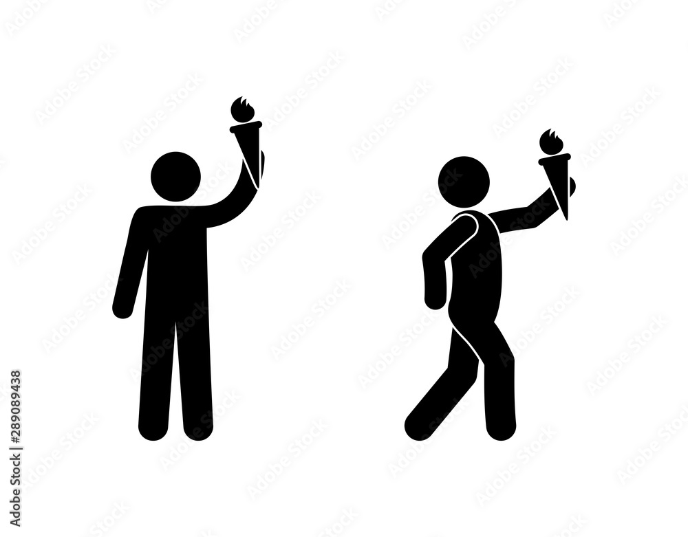 man icon with a torch, stick figure man pictogram, human silhouette isolated on white background man icon with a torch, stick figure man pictogram, human silhouette isolated on white background