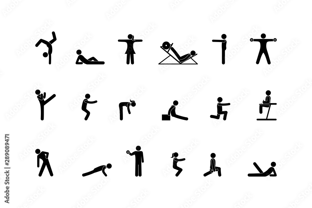 sport icon, stick figure man pictogram, human silhouette isolated on white background