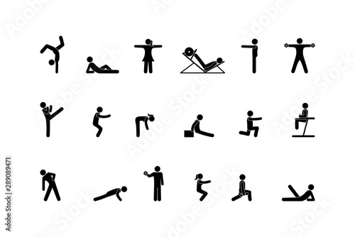 sport icon, stick figure man pictogram, human silhouette isolated on white background
