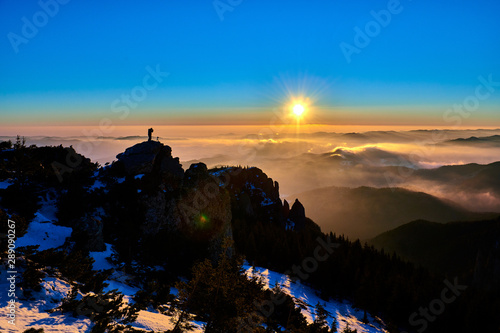 Aerial Landscape view from Ceahlău Mountains National Park at sunset in winter season,Sunset in Ceahlau Mountains © DannyIacob