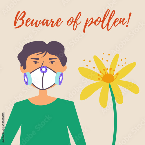 A guy in a protective mask suffers from allergies. Allergy to pollen of flowers. Vector editable illustration