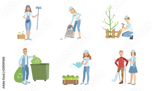Volunteers at Work Set, Young Men and Women Planting Trees, Collecting Garbage, Watering Plants, Helping Disabled People Vector Illustration