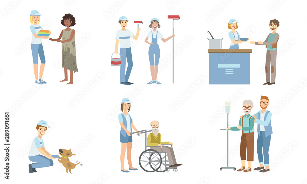 Volunteers at Work Set, Young Men and Women Helping Disabled Person and Homeless, Supporting Elderly People Vector Illustration