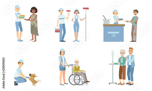Volunteers at Work Set, Young Men and Women Helping Disabled Person and Homeless, Supporting Elderly People Vector Illustration