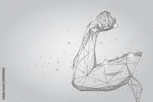 3D male hand muscles connected dots low poly wireframe. Polygonal physical strength, bodybuilder, athlete body mesh art vector illustration. Human power  photo