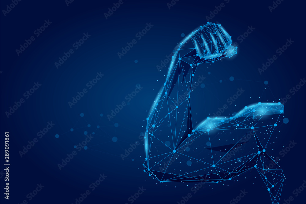 3D male hand muscles connected dots low poly wireframe. Polygonal physical strength, bodybuilder, athlete body mesh art vector illustration. Human power  - obrazy, fototapety, plakaty 