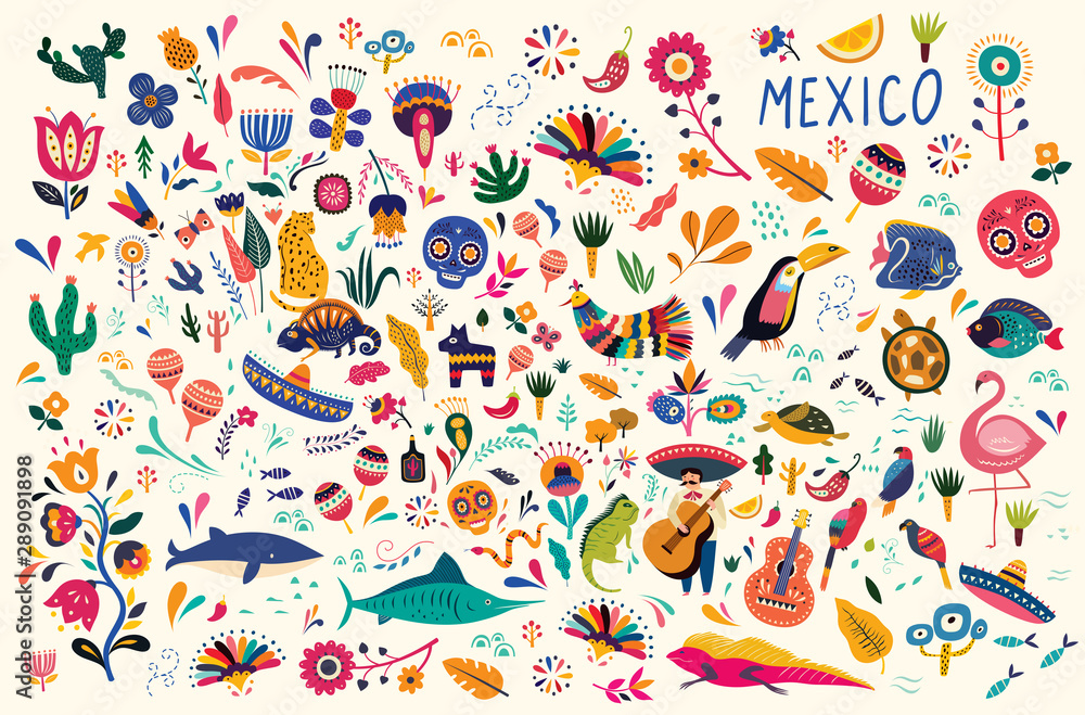 Naklejka Meksykańskie dekoracyjne wektor wzór. Mapa Meksyku z tradycyjnymi symbolami i elementami dekoracyjnymi.