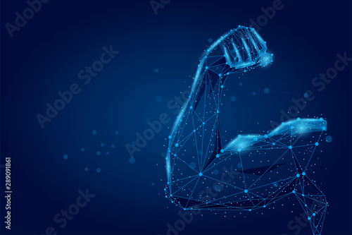 3D male hand muscles connected dots low poly wireframe. Polygonal physical strength, bodybuilder, athlete body mesh art vector illustration. Human power  photo