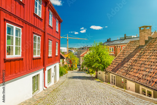 Photography Old wooden houses in Oslo, view of one of the oldest streets in the city, Norway