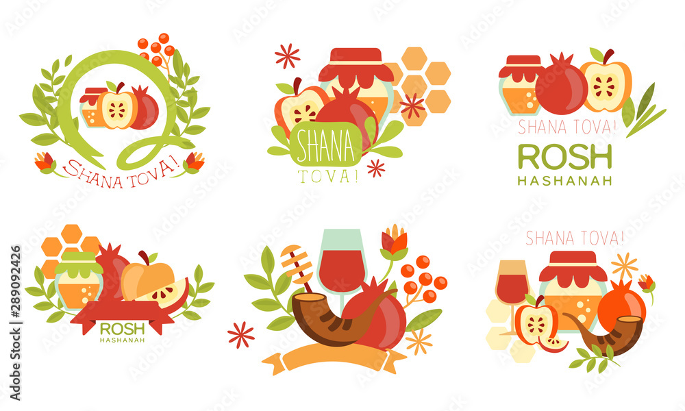 Fototapeta premium Shana Tova Labels Set, Rosh Hashanah Jewish Holiday, New Year Banner, Poster, Badge Design Elements Vector Illustration