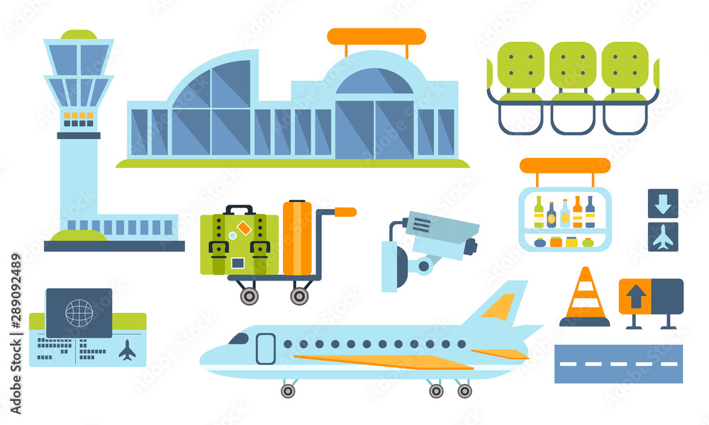 Airport Design Elements Set, Airport Terminal, Airplane, Waiting Room Vector Illustration