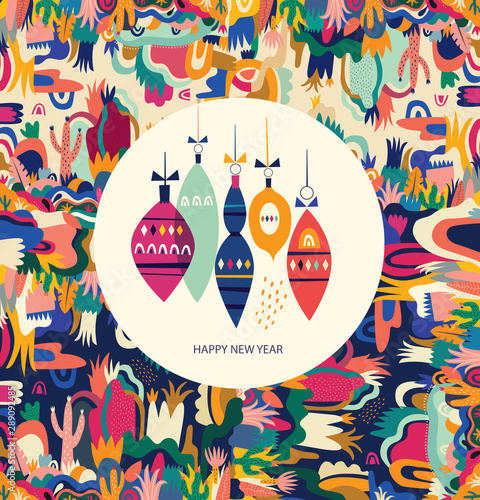 Christmas banner with christmas toys and abstract background. Greeting vector illustration for decoration of holidays New Year and Christmas