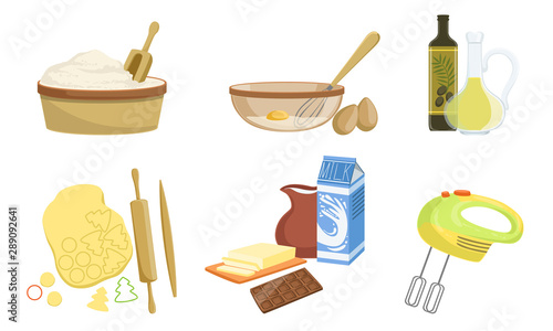 Kitchen Tools And Utensils Set, Baking Ingredients, Bakery Elements Vector Illustration