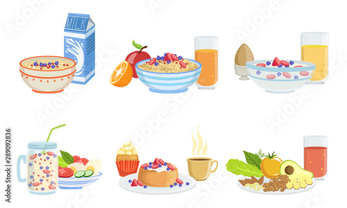 Healthy Breakfast Dishes Set, Classical Menu with Muesli, Oatmeal, Smoothie, Pancakes, Fruits, Vegetables and Berries Vector Illustration