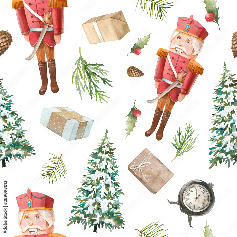 Watercolor Nutcracker seamless pattern. Christmas wallpaper in vintage