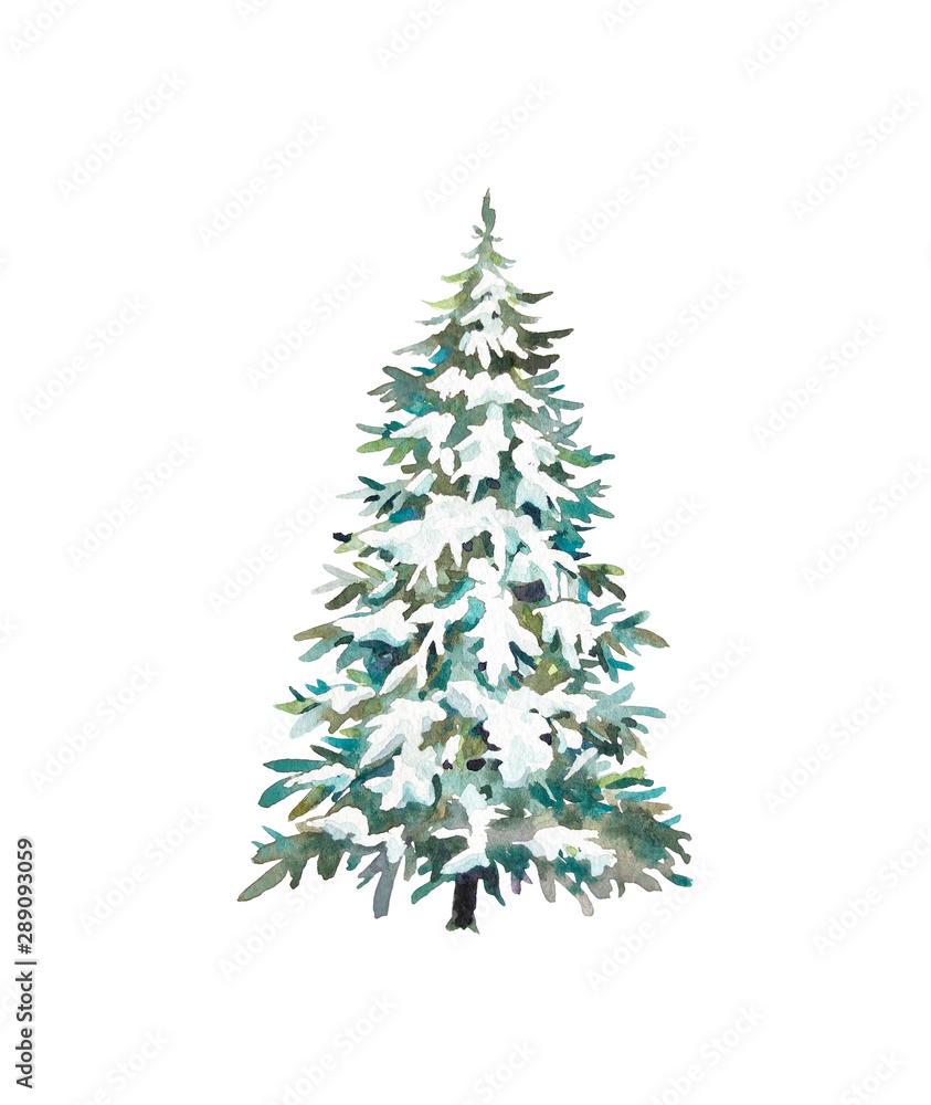 Watercolor Christmas tree. Holiday card with snow covered tree isolated on white background.