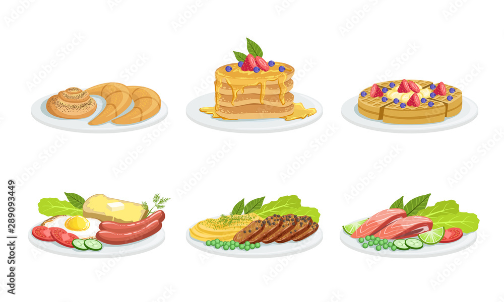Collection of Different Food Dishes Set, Delicious Freshly ooked Served Food, Cafe, Restaurant Menu Design Elements Vector Illustration Collection of Different Food Dishes Set, Delicious Freshly ooked Served Food, Cafe, Restaurant Menu Design Elements Vector Illustration