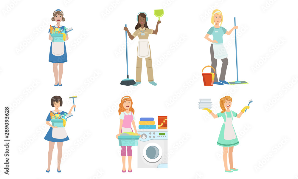 Fototapeta premium Female Cleaning Service Workers Doing Various Housework Chores Set, Housewives Characters with Different Equipment Vector Illustration