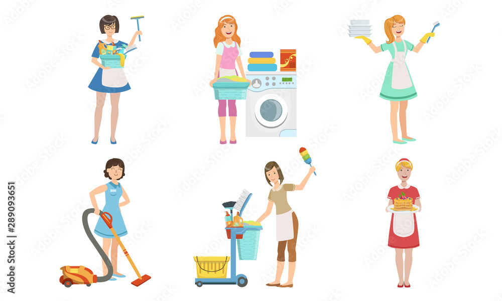 Female Cleaning Service Workers Doing Various Housework Chores Set, Housewives Characters in Aprons with Different Equipment Vector Illustration