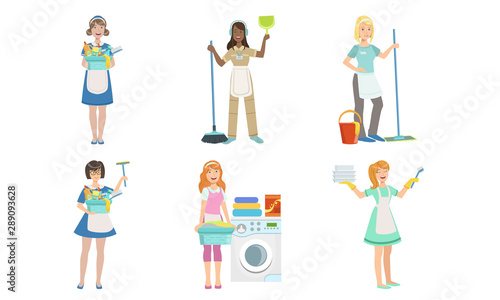 Female Cleaning Service Workers Doing Various Housework Chores Set, Housewives Characters with Different Equipment Vector Illustration