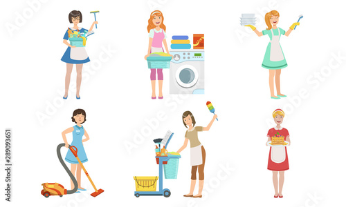 Female Cleaning Service Workers Doing Various Housework Chores Set  Housewives Characters in Aprons with Different Equipment Vector Illustration