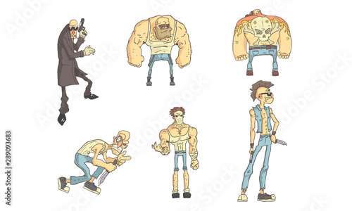 Criminals Funny Characters Set, Male Burglars, Murderers And Thieves with Different Weapons in Their Hands Vector Illustration