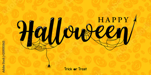 Happy Halloween vector lettering with detailed engraving background Pumpkin. Holiday calligraphy for banner poster, greeting card, party invitation Isolated illustration.