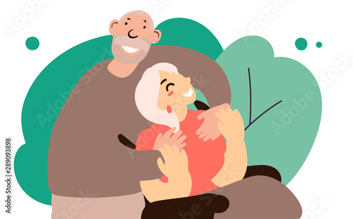 Flat style cartoon cute character, caucasian elderly couple of people friends family spouse hug. Wheelchair, care. Hand drawn vector illustration.