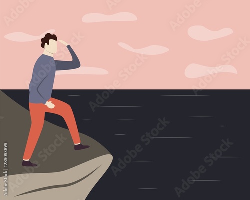 Man standing on top of a mountain and looking straight on the sea. Discovery, exploration, hiking, adventure tourism or travel. Vector illustration.
