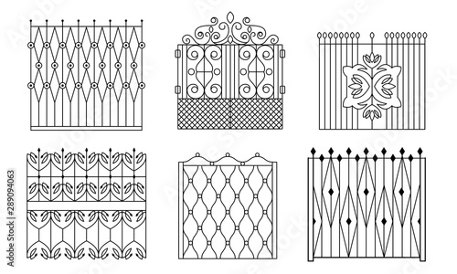 Decorative Black Wrought Iron Gates Set, Vintage Fences with Swirls Vector Illustration
